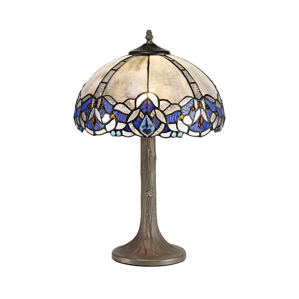 Luxuria Axis 1 Light Tree Like Table Lamp E27 With 30cm Tiffany Shade Blue/Clear Crystal/Aged Antique Brass