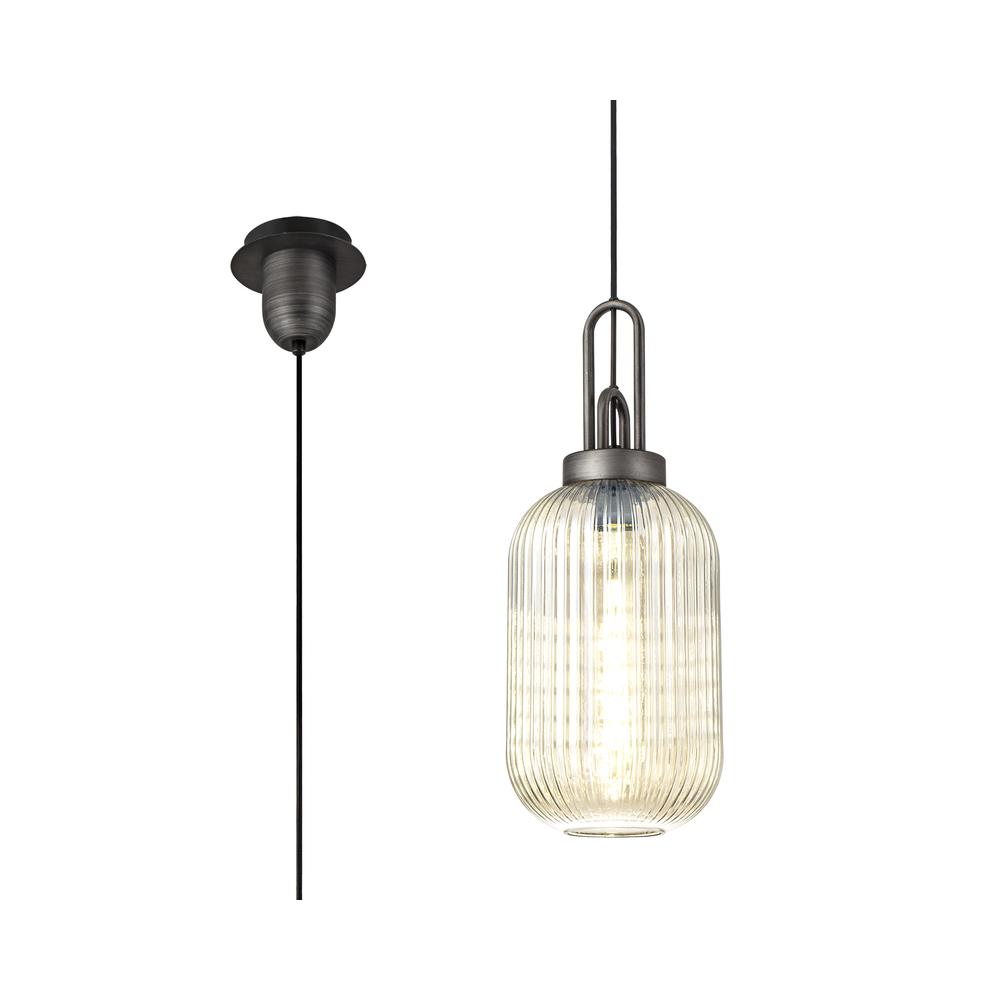 Luxuria Kennith Pendant Light E27 20cm Tubular Ribbed Glass Champagne Black/Aged Pewter