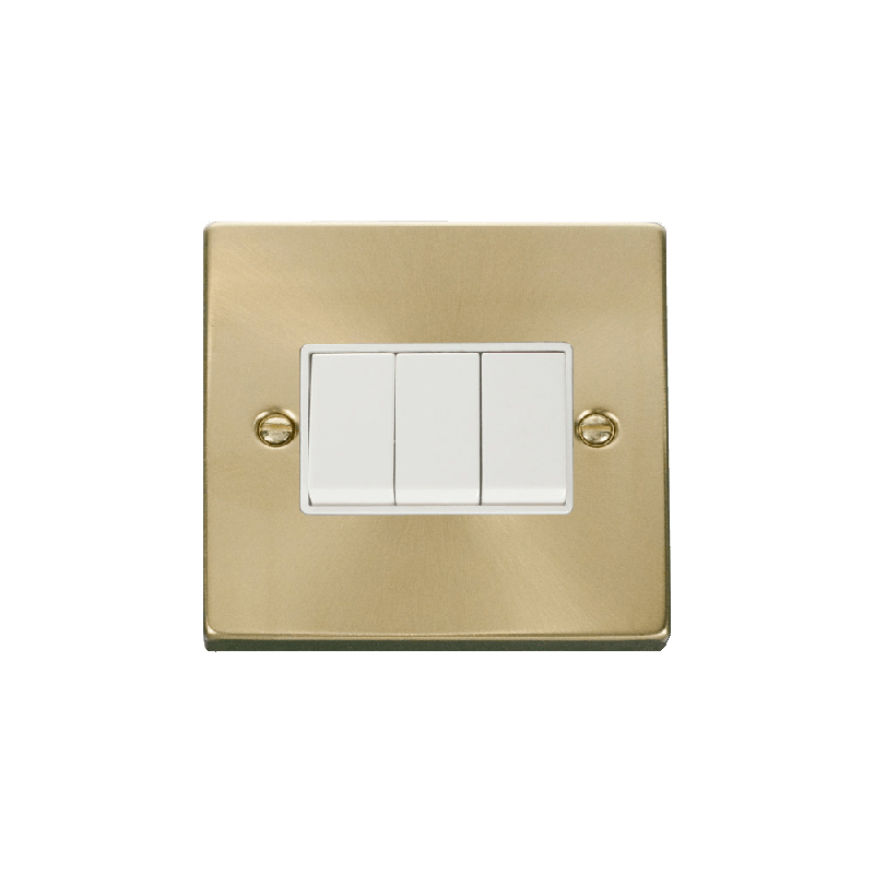 Click Deco 3 Gang 2 Way 10AX Switch Satin Brass White Inserts