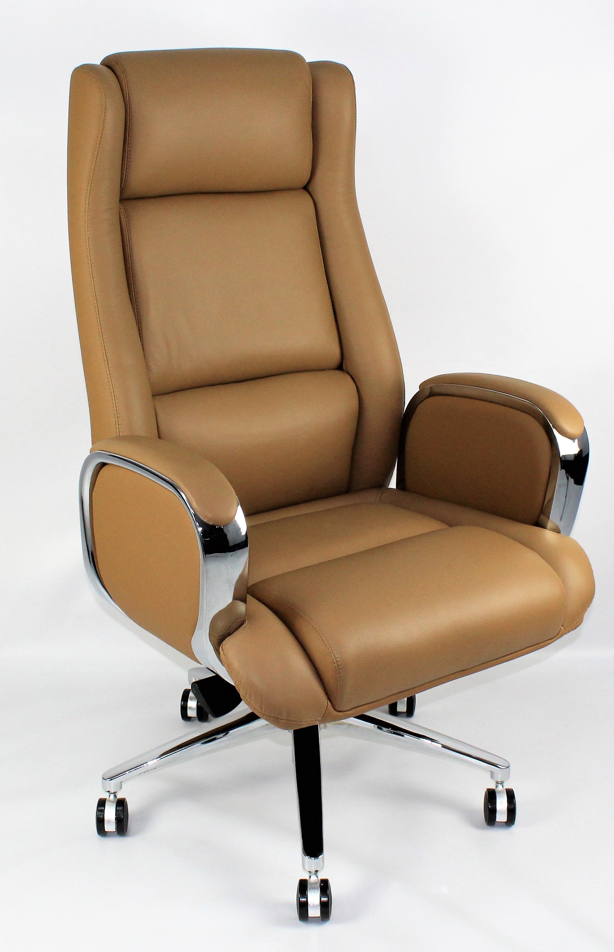 Beige Leather Executive Office Chair with Chrome Trimmed Arms - J1201 Huddersfield