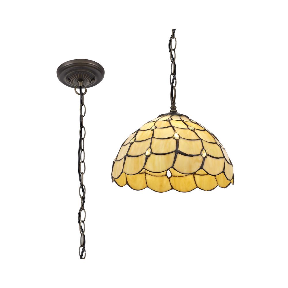 Luxuria Luna 1 Light Downlighter Pendant E27 With 30cm Tiffany Shade Beige/Clear Crystal/Aged Antique Brass