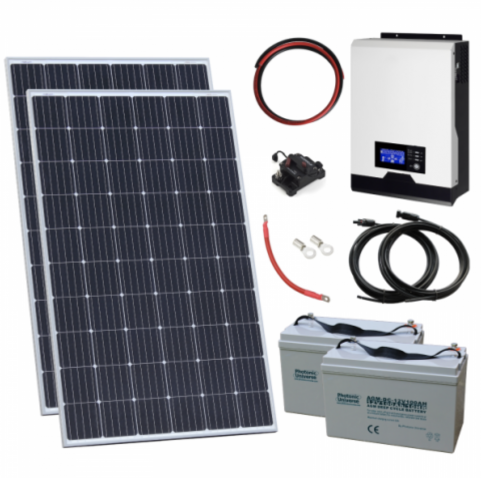 600W 24V Complete Off-Grid Solar Power System With 2 X 300W Solar Panels, 2Kw Hybrid Inverter And 2 X 100Ah Batteries