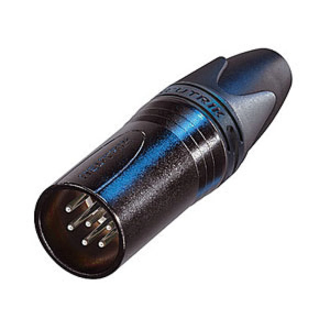 XLR Connector Neutrik 6 pole male cable connector with black metal housing and silver contacts.