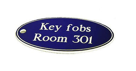 50x100mm Key fob oval - White text on blue