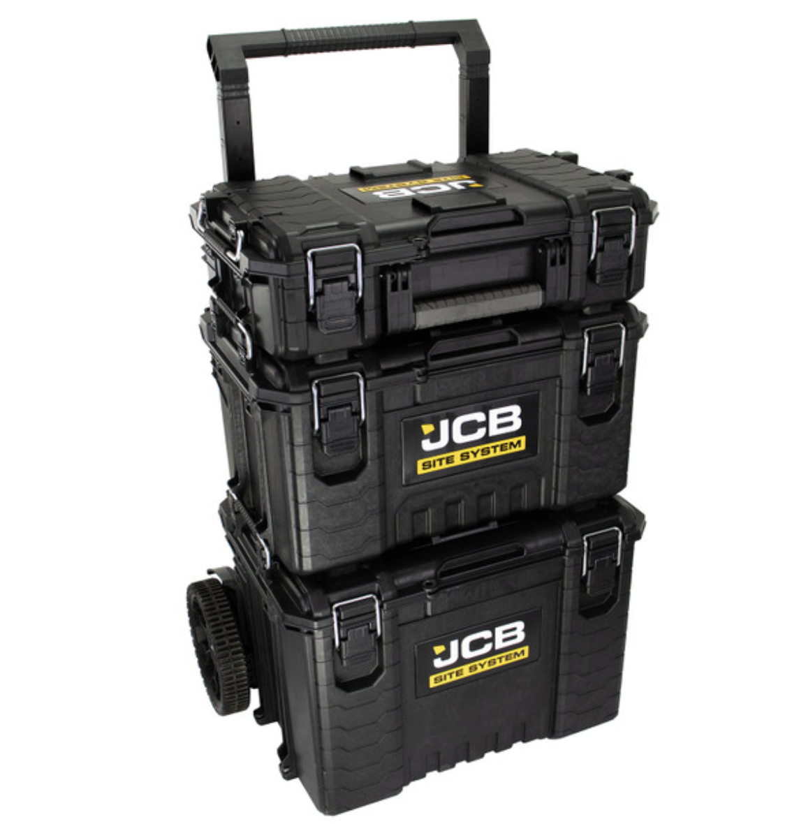 JCB Full Site System, 3-Piece Modular Tool Storage System with Cart, Tool Box, Tool Organiser Case & Heavy-duty 9’’ Wheel Trolley 