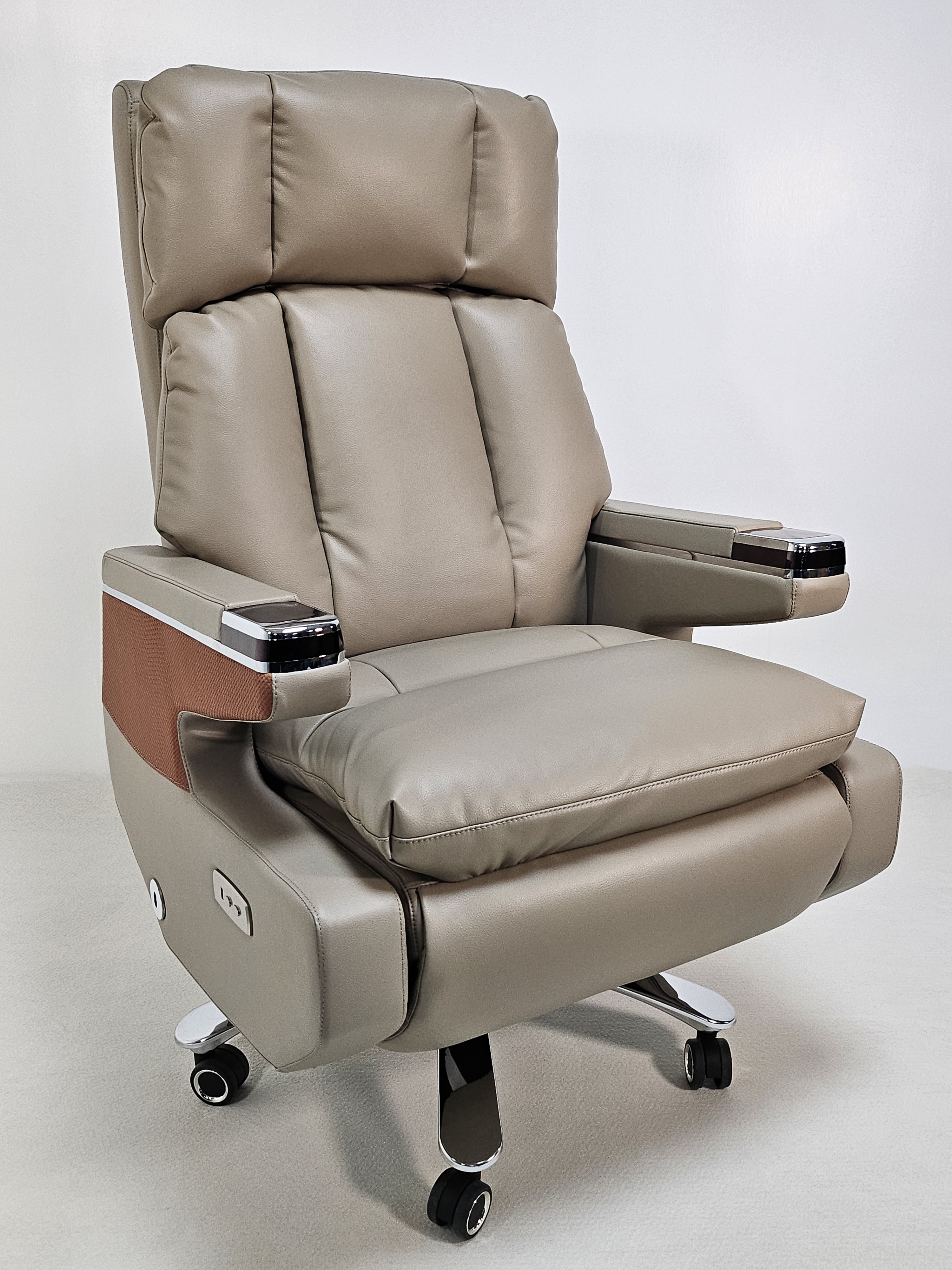 Suppliers Of Electric Reclining Executive Leather Office Chair with USB A Charging Port - Grey Beige - A2321 UK