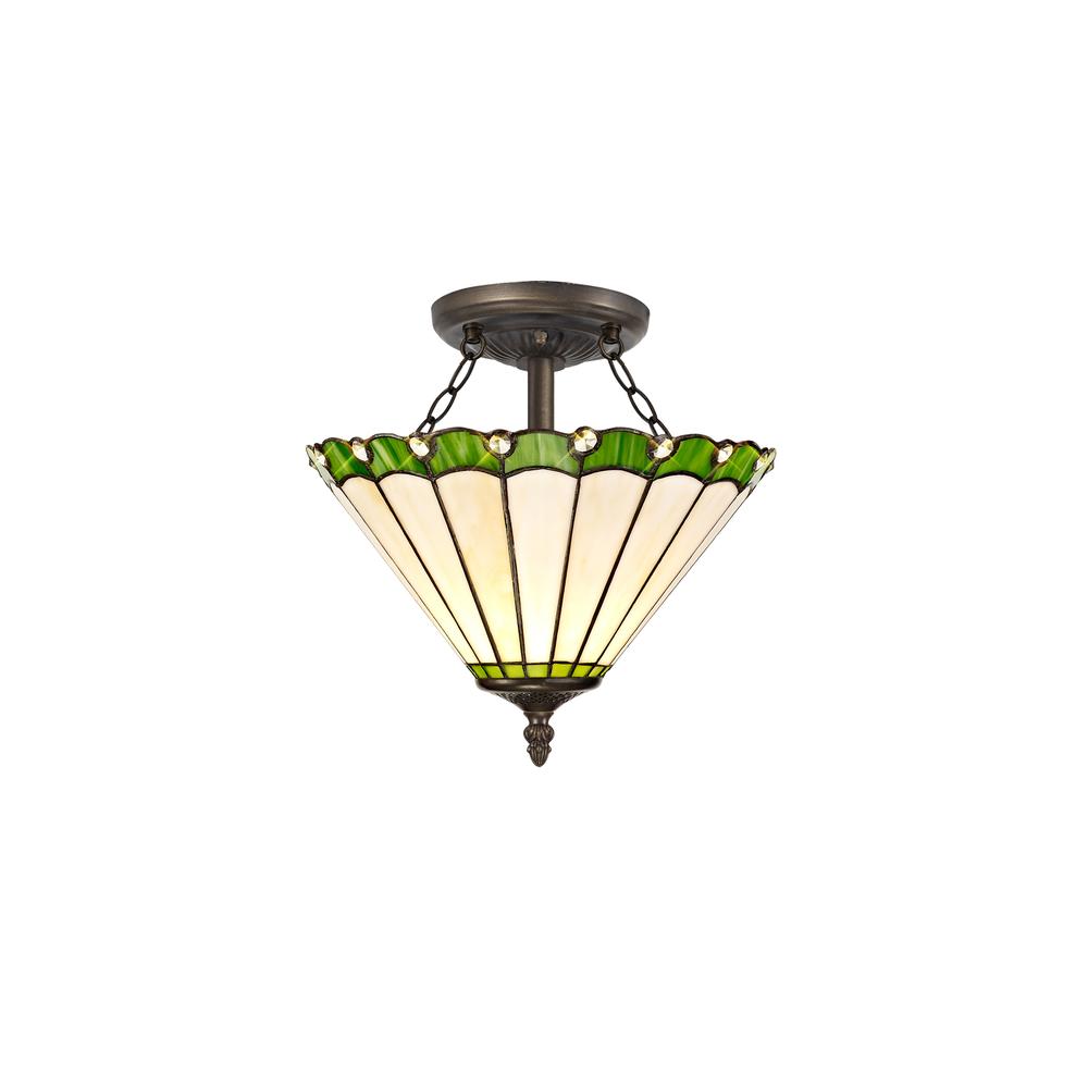 Luxuria Sleek 2 Light Semi Flush E27 With 30cm Tiffany Shade Green/Cream/Crystal/Aged Antique Brass