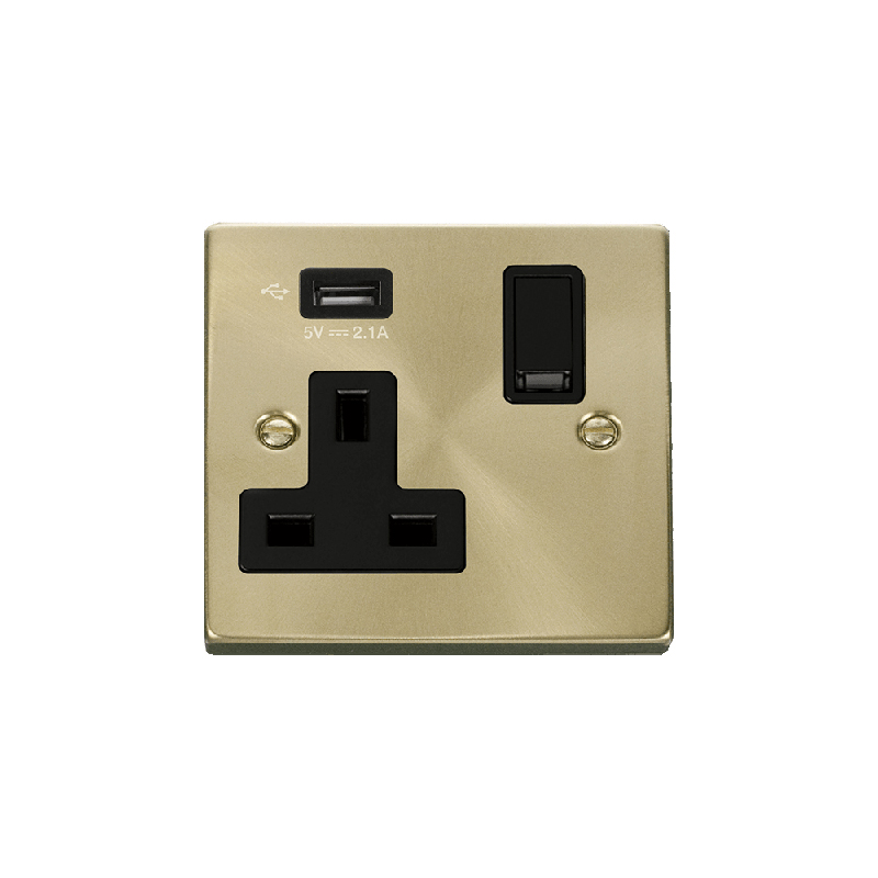 Click Deco 13A 1G Switched Socket with Single 2.1A USB Satin Brass Insert Black