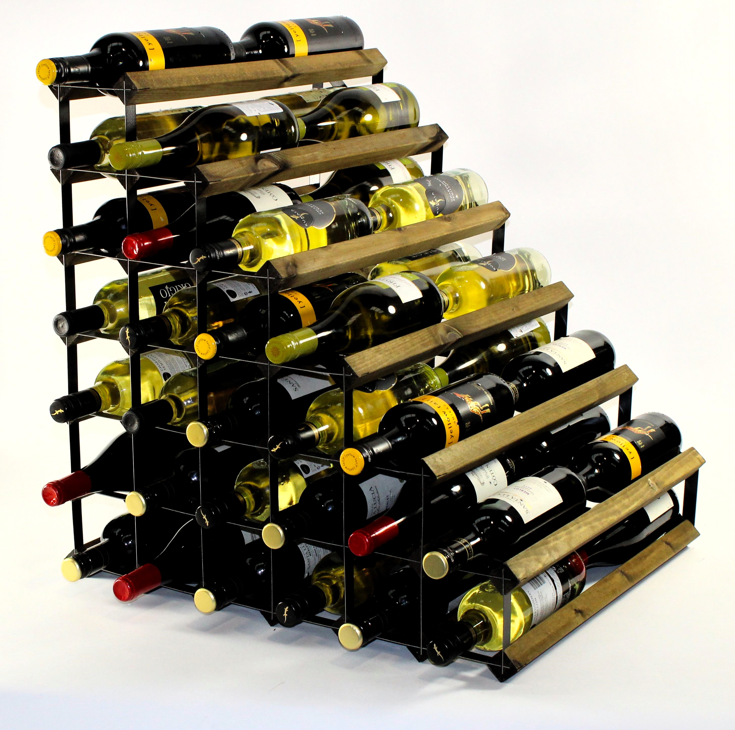 Double depth 54 bottle understairs wine rack - Walnut stain wood - Black metal