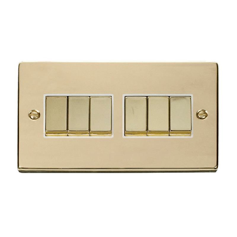 Click Deco 6 Gang 2 Way Ingot 10AX Switch Polished Brass White Inserts