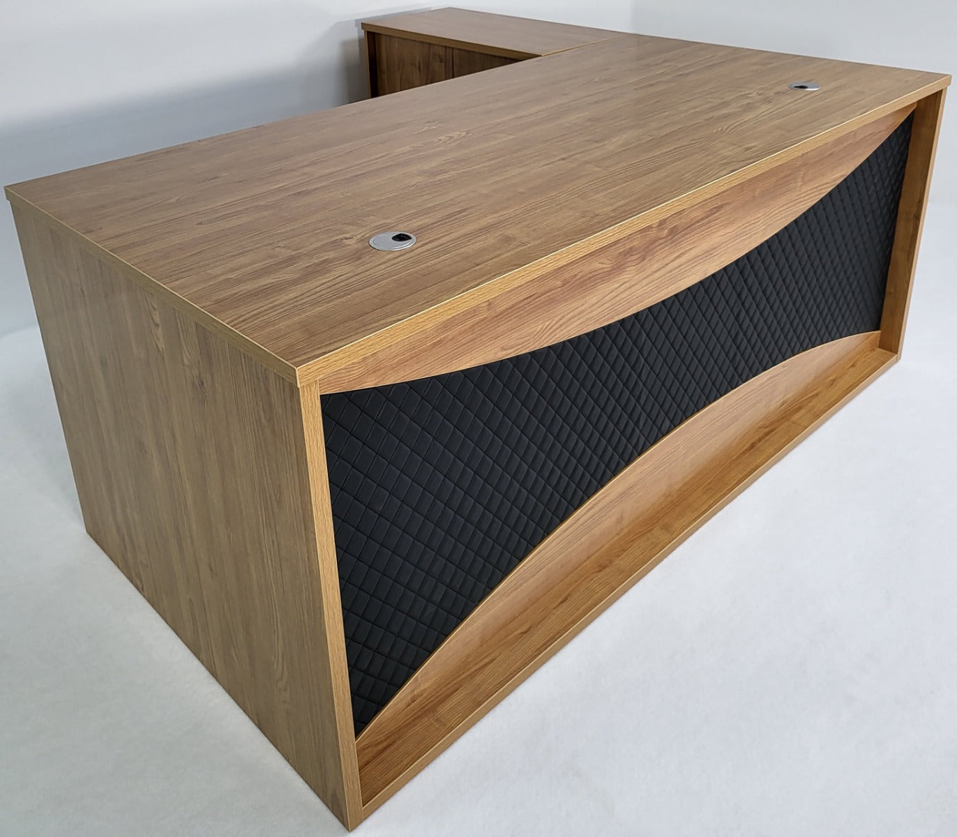Modern Oak Executive Office Desk with Leather Panelling with Mobile Pedestal and Desk Level Return - 1800mm - 8690 UK