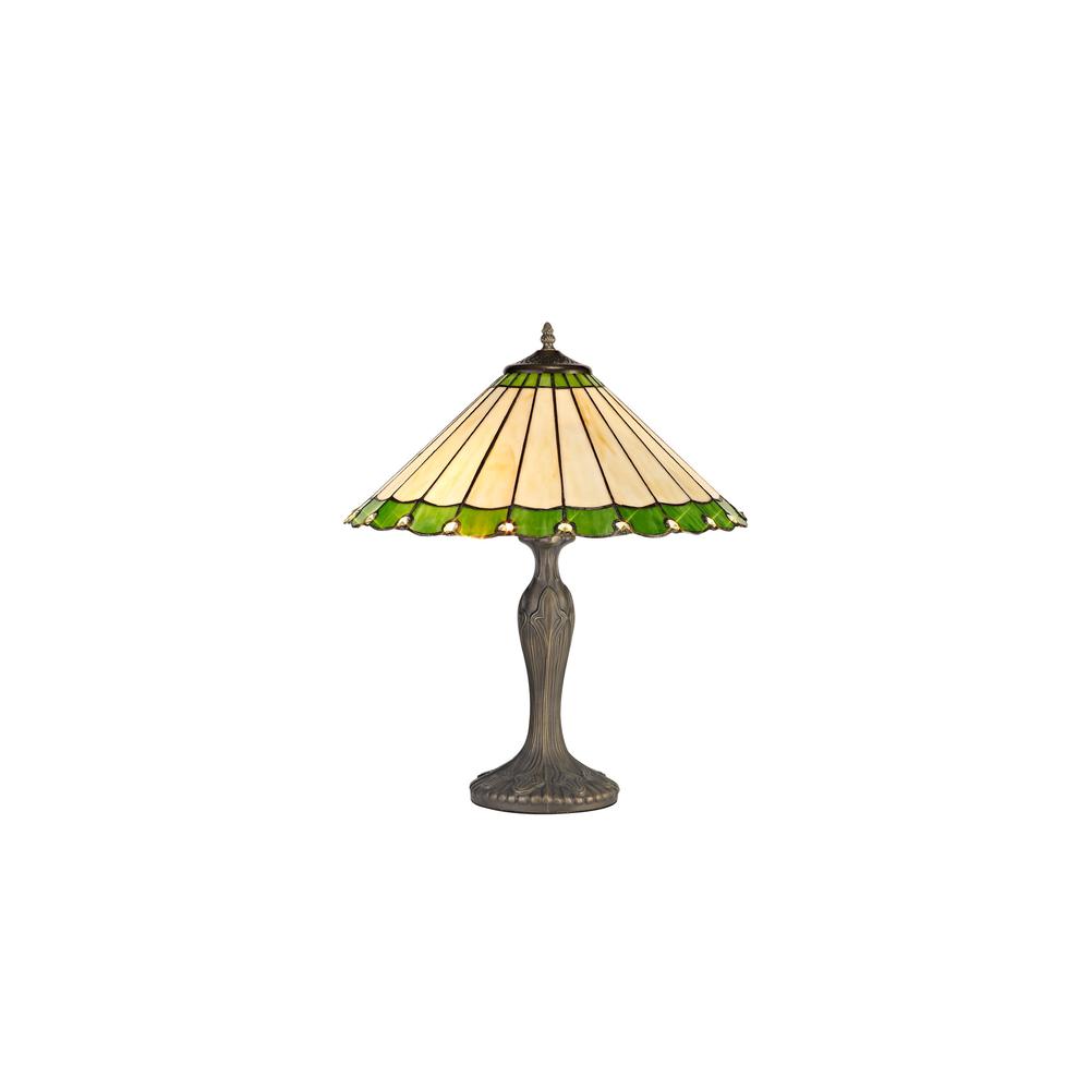 Luxuria Sleek 2 Light Curved Table Lamp E27 With 40cm Tiffany Shade Green/Cream/Crystal/Aged Antique Brass