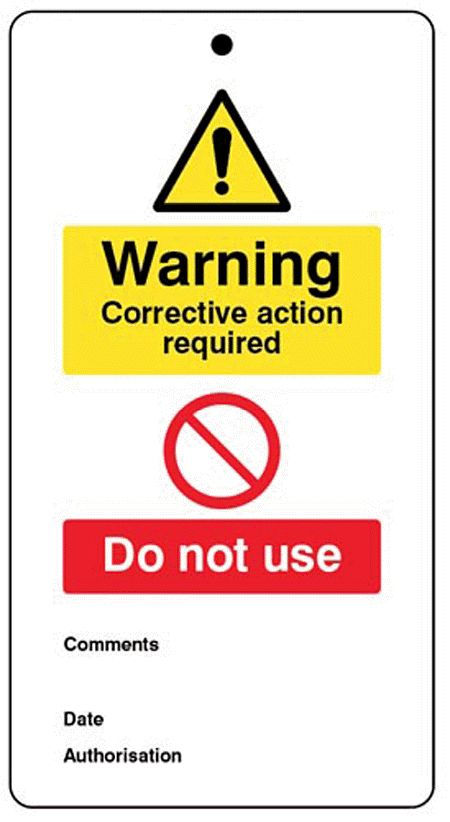 Warning corrective action required.. double sided safety tags 80x150mm c/w cable ties (pack of 10)