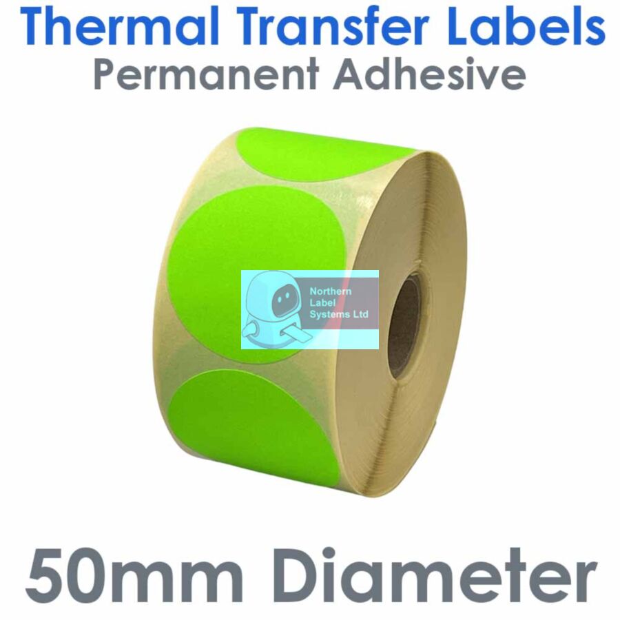 050DIATTNPG1-1000FL, 50mm Diameter Circle, FLUORESCENT GREEN, Thermal Transfer Labels, Permanent Adhesive, 1,000 per roll, FOR SMALL DESKTOP LABEL PRINTERS