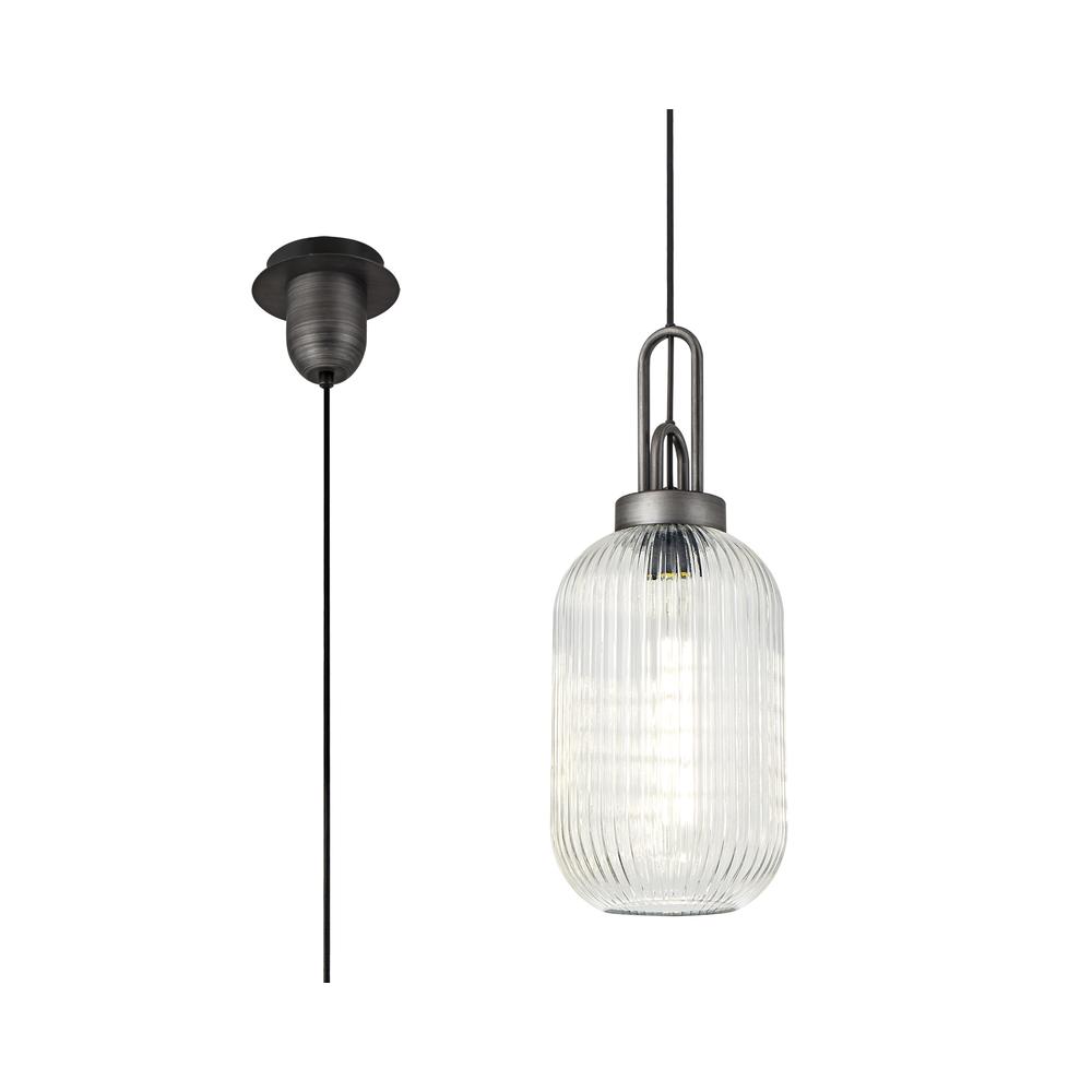 Luxuria Kennith Pendant Light E27 20cm Tubular Ribbed Glass Clear Black/Aged Pewter