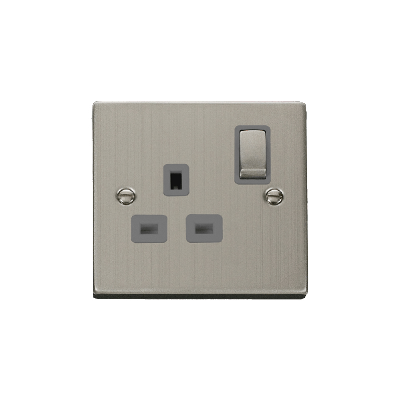 Click Deco 1 Gang 13A DP 'Ingot' Switched Socket Outlet Stainless Steel Insert Grey