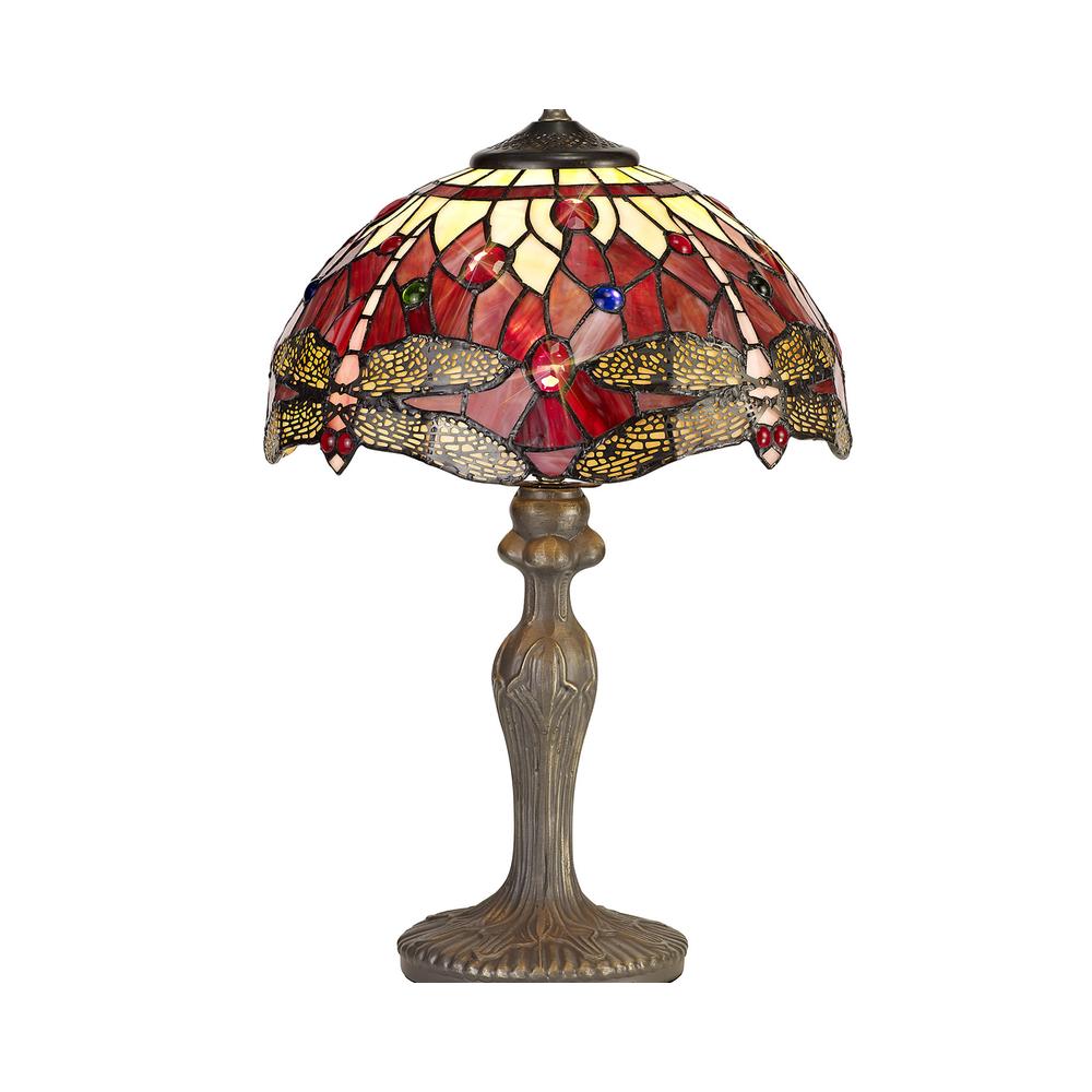 Luxuria Broadway 1 Light Curved Table Lamp E27 With 30cm Tiffany Shade Purple/Pink/Crystal/Aged Antique Brass