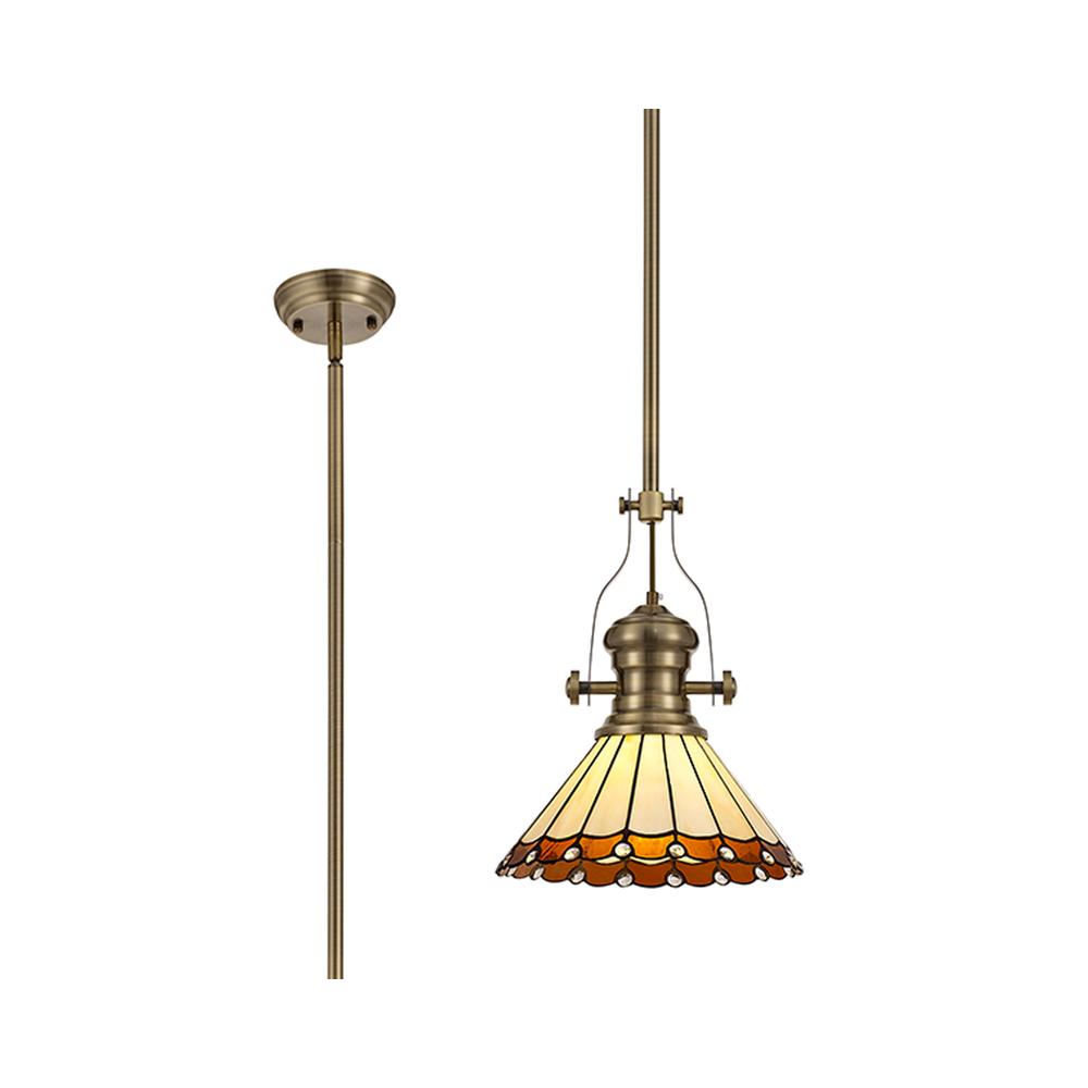 Luxuria Sleek Pendant Light E27 With 30cm Tiffany Shade Antique Brass/Amber/Cream/Crystal