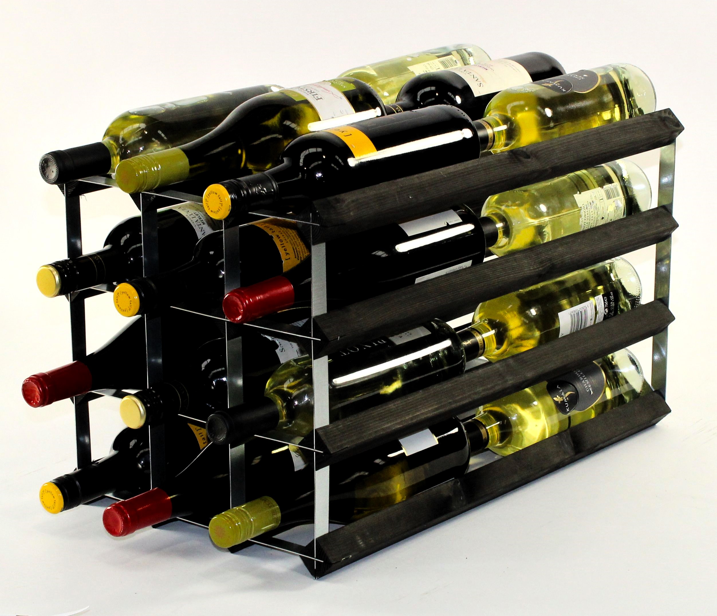 Double depth 24 bottle wine rack - Black stain wood - Galvanised metal