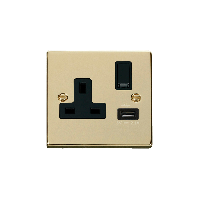 Click Deco 13A 1G Switched Socket Outlet With USB Outlet Polished Brass Insert Black