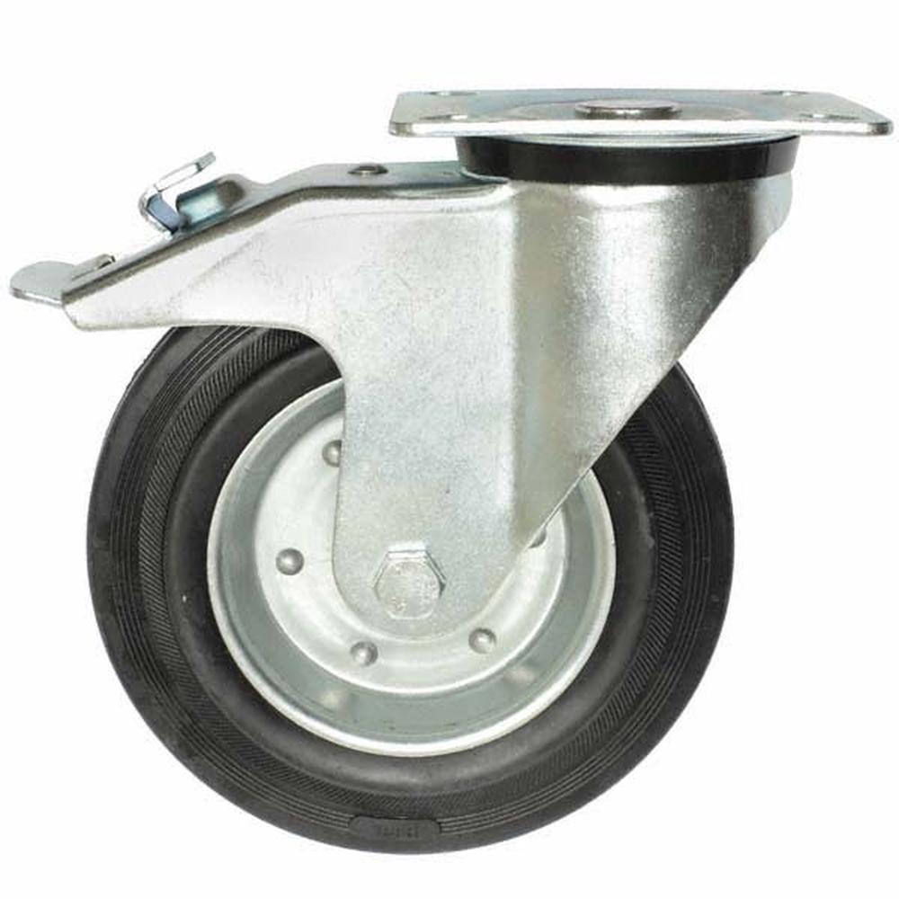 Black Swivel Castor 200mm - With Brake On Steel Disc