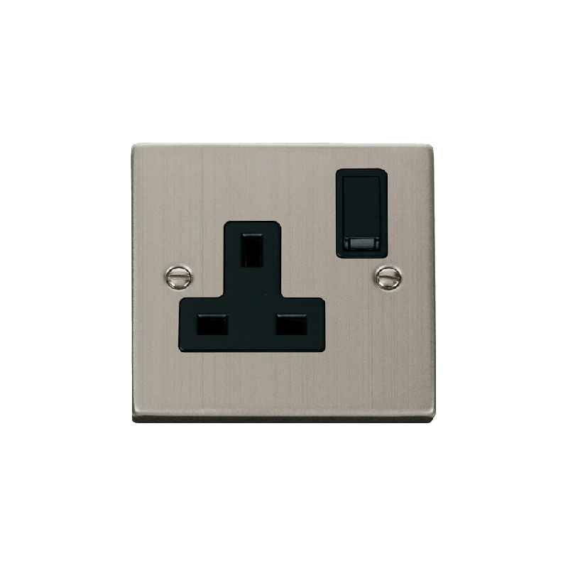 Click Deco 1 Gang 13A DP Switched Socket Outlet Stainless Steel Insert Black