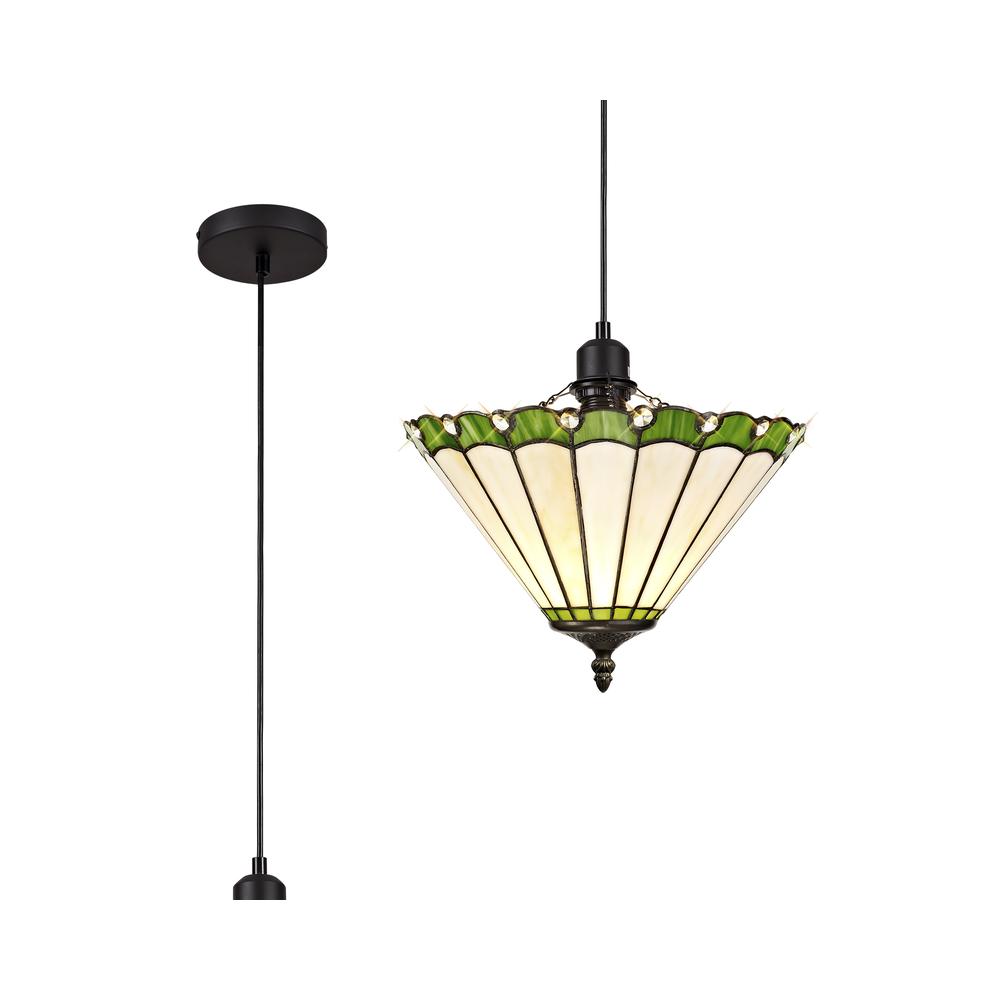 Luxuria Sleek 1 Light Uplighter Pendant E27 With 30cm Tiffany Shade Green/Cream/Crystal/Black