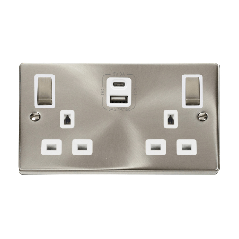 Click Deco 13A Ingot 2G Switched Socket With Type A & C USB 4.2A Outlets Satin Chrome Insert White