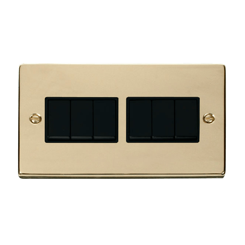 Click Deco 6 Gang 2 Way 10AX Switch Polished Brass Black Inserts