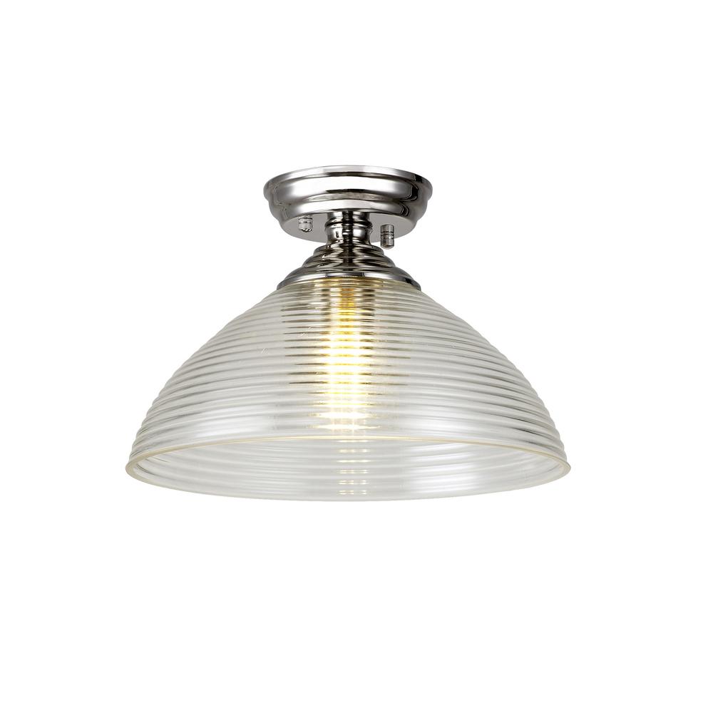 Luxuria Sirius Flush Ceiling Light E27 With Round 33.5cm Prismatic Effect Glass Shade Polished Nickel/Clear