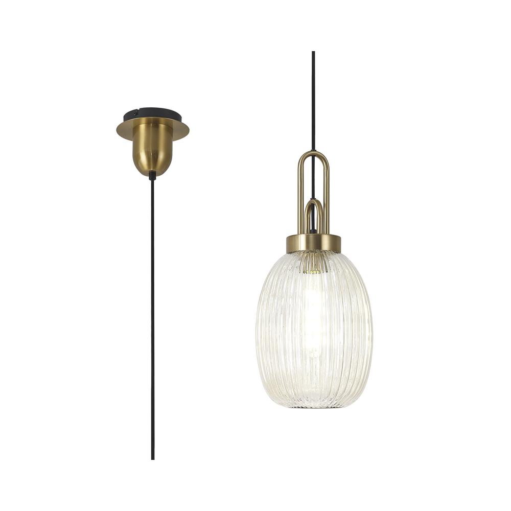 Luxuria Kennith Pendant Light E27 With 20cm Almond Ribbed Glass Champagne Brass Gold/Matt Black