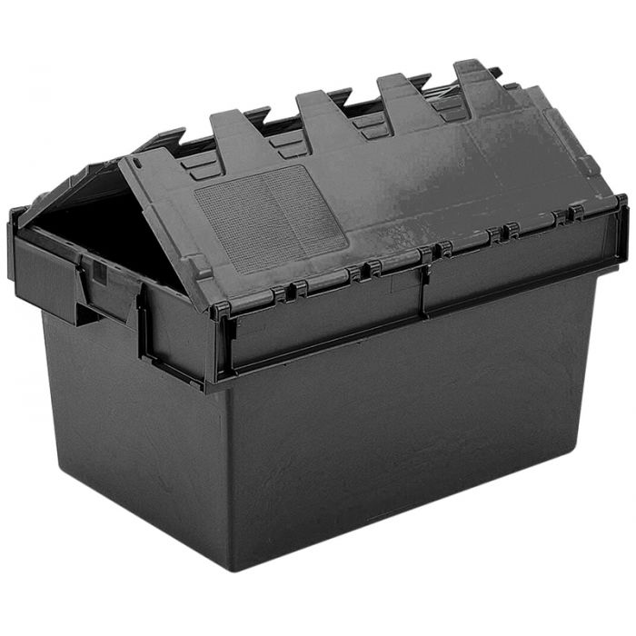 UK Suppliers Of 600x400x300 Attached Lidded Crate Black-Totes-Packs of 4 For Transportation