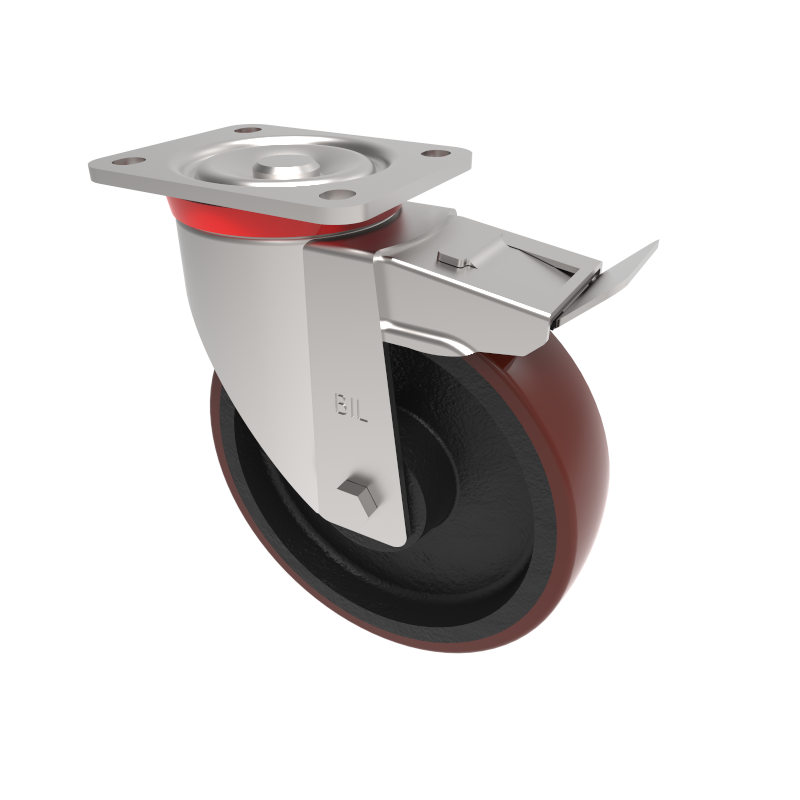 Polyurethane Cast Iron Plate Swivel Castor Brake 200mm 800kg Load