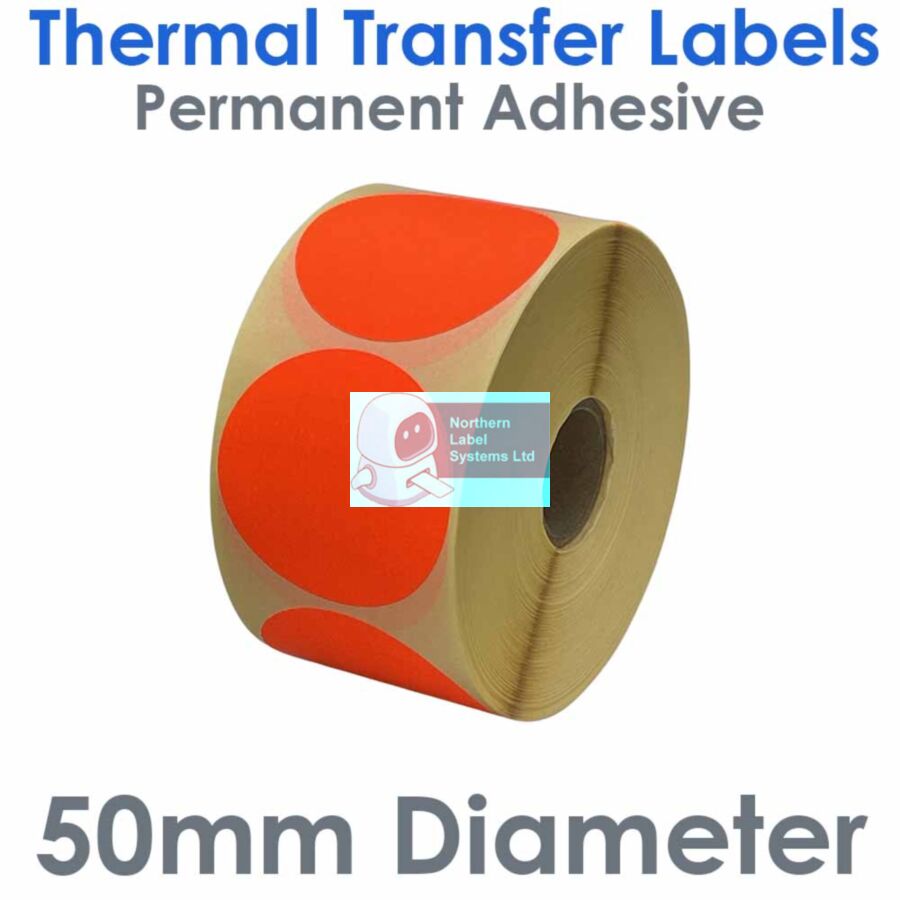 050DIATTNPR1-1000FL, 50mm Diameter Circle, FLUORESCENT RED, Thermal Transfer Labels, Permanent Adhesive, 1,000 per roll, FOR SMALL DESKTOP LABEL PRINTERS