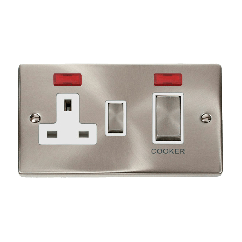 Click Deco 45A Ingot DP Switch with 13A Switched Socket and Neons Satin Chrome Insert White