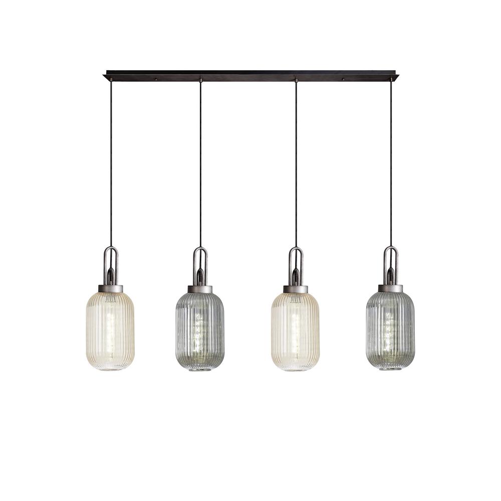 Luxuria Kennith Linear Pendant 4 Light E27 With 20cm Tubular Ribbed Glass Aged Pewter / Champagne / Smoked / Matt Black