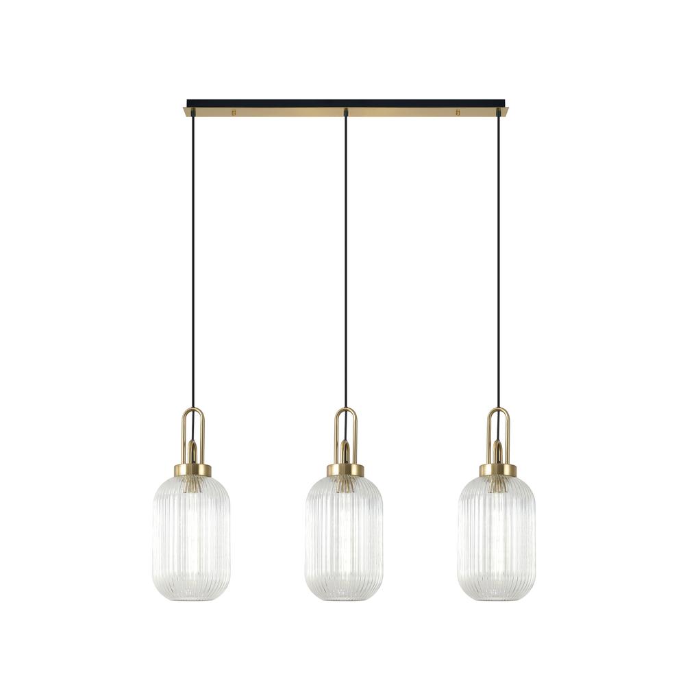 Luxuria Kennith Linear 3 Light Pendant E27 With 20cm Tubular Ribbed Glass Clear Brass Gold/Matt Black