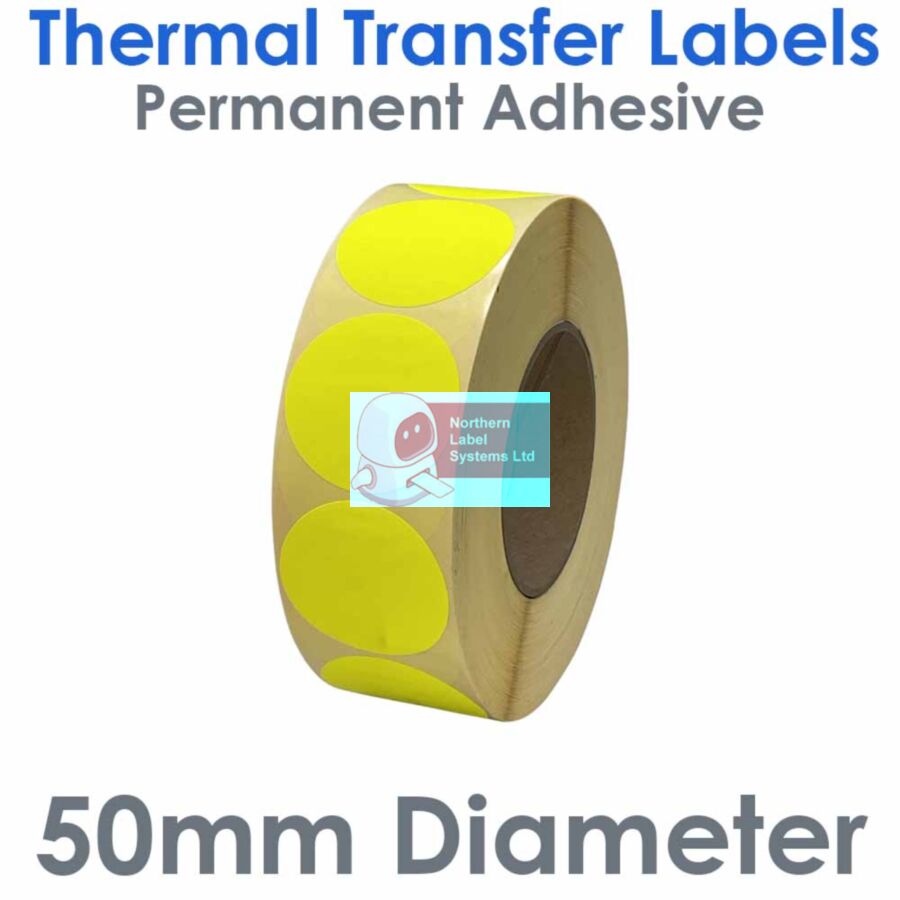 050DIATTNPY1-2000FL, 50mm Diameter Circle, FLUORESCENT YELLOW, Thermal Transfer Labels, Permanent Adhesive, 2,000 per roll, FOR LARGER LABEL PRINTERS