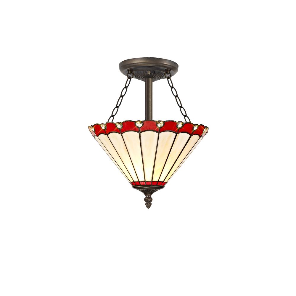 Luxuria Sleek 3 Light Semi Flush E27 With 30cm Tiffany Shade Red/Cream/Crystal/Aged Antique Brass