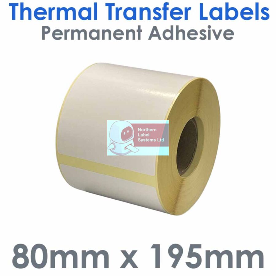 080195TTYPW1-250, 80mm x 195mm, Thermal Transfer Labels, Permanent Adhesive, 250 per roll, For Small Desktop Label Printers