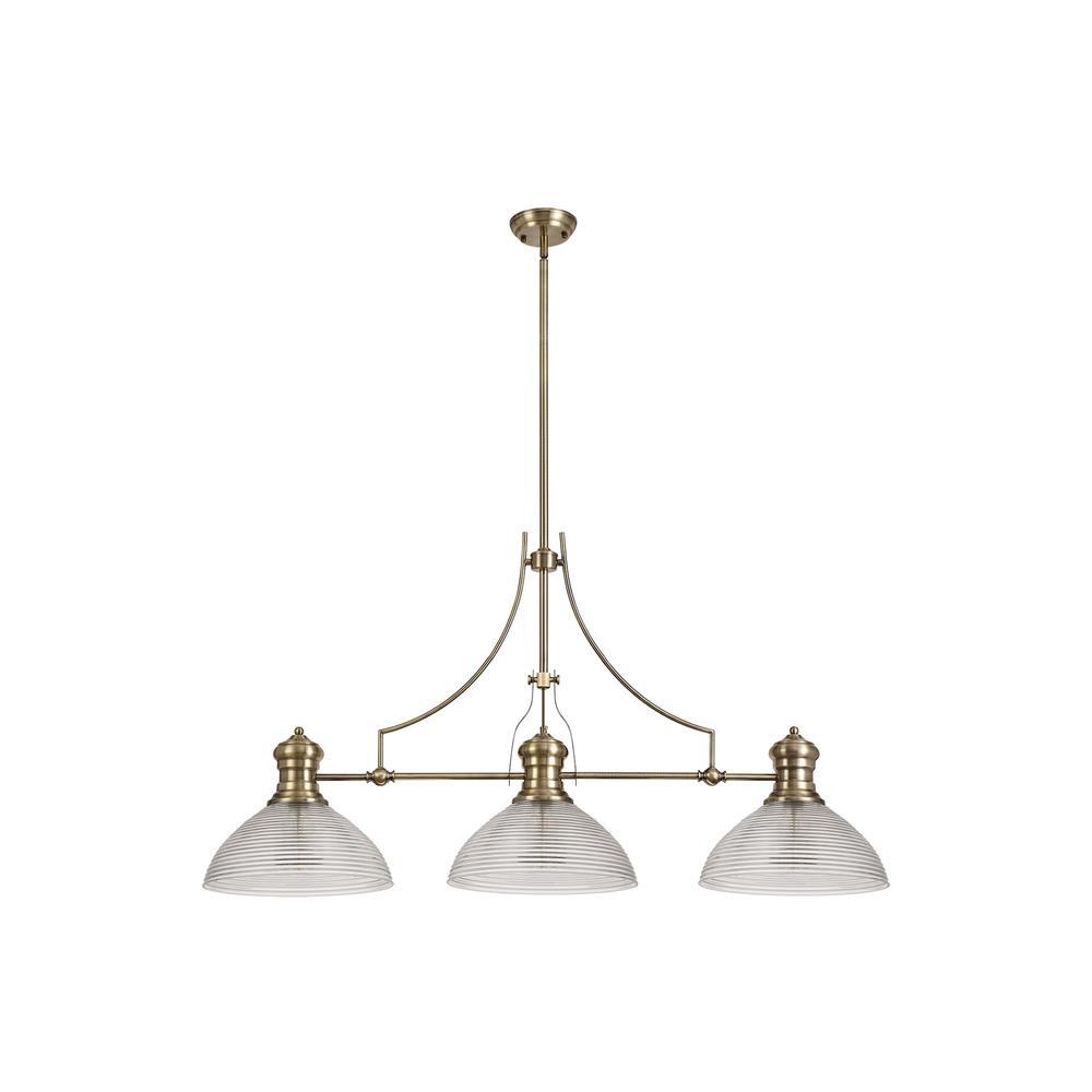 Luxuria Serena 3 Light Linear Pendant E27 With 33.5cm Prismatic Glass Shade Antique Brass Clear