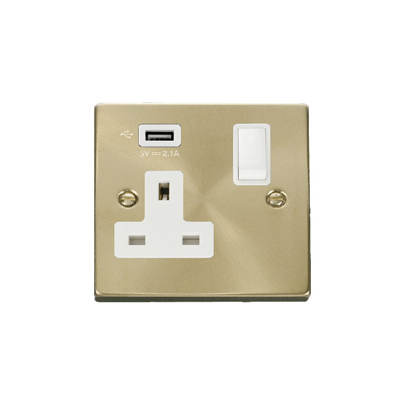 Click Deco 13A 1G Switched Socket with Single 2.1A USB Satin Brass Insert White