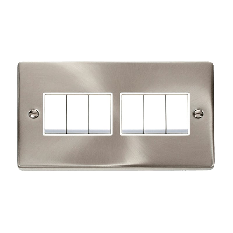 Click Deco 6 Gang 2 Way 10AX Switch Satin Chrome White Inserts