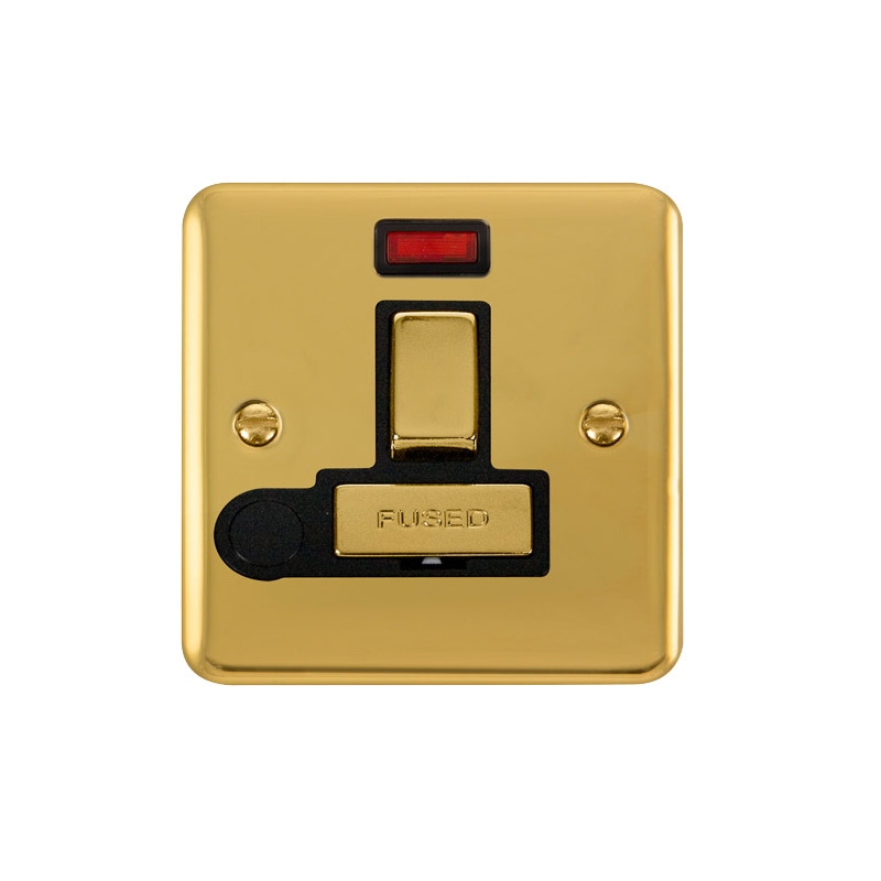 Click Deco Plus Switched Fused Spur Polished Brass Black Inserts Neon Light + Flex Outlet