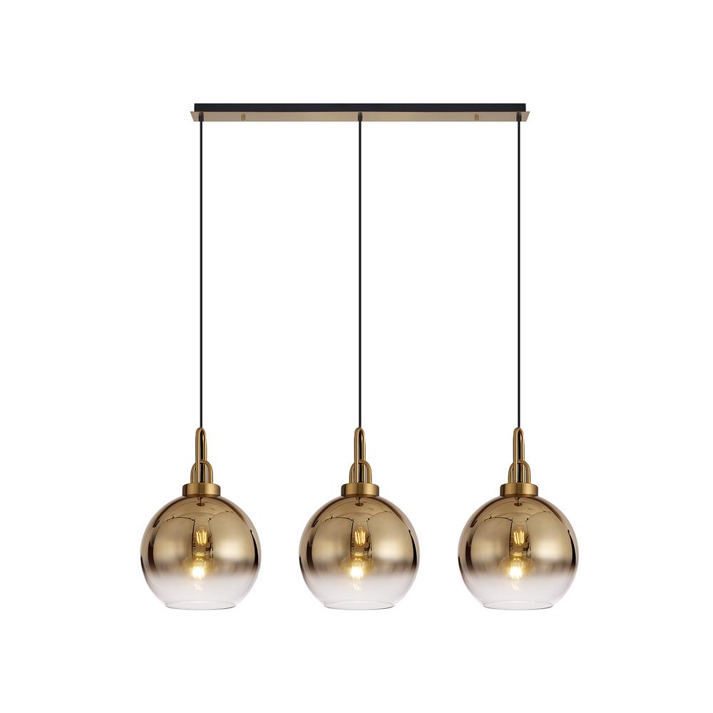 Luxuria Kennith Linear 3 Light Pendant E27 With 30cm Globe Glass Brass Gold/Clear Brass Gold/Matt Black