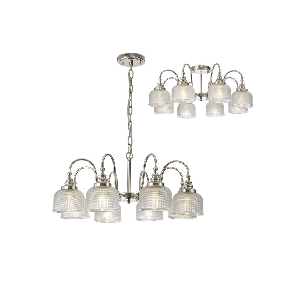 Luxuria Toussenel 73cm Semi Flush/Pendant 8 Light E27 Polished Nickel/Prismatic Glass