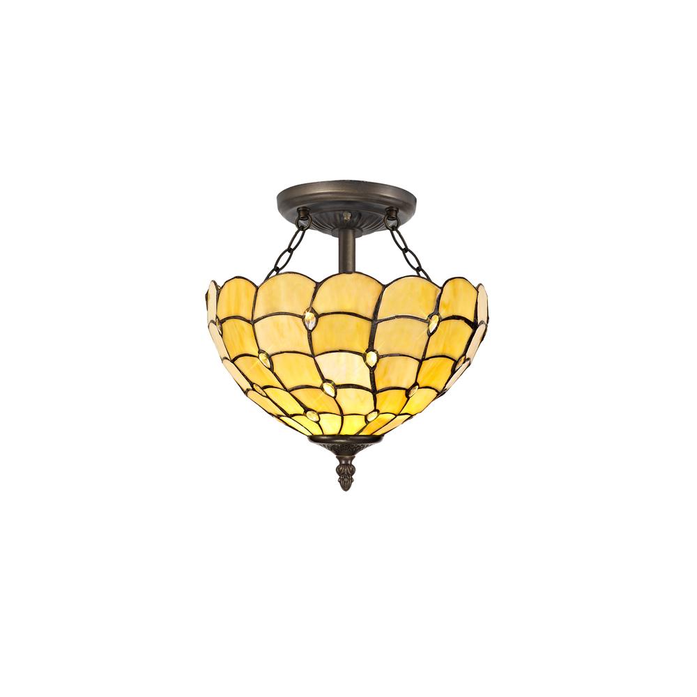 Luxuria Luna 2 Light Semi Flush E27 With 30cm Tiffany Shade Beige/Clear Crystal/Aged Antique Brass