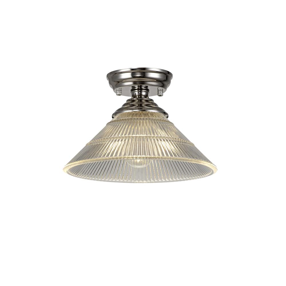 Luxuria Sirius Flush Ceiling Light E27 With Cone 30cm Glass Shade Polished Nickel/Clear