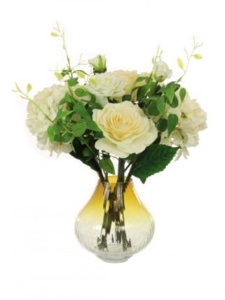 Artificial Silk Rose & Hydrangea In Crackle Bulbous Vase