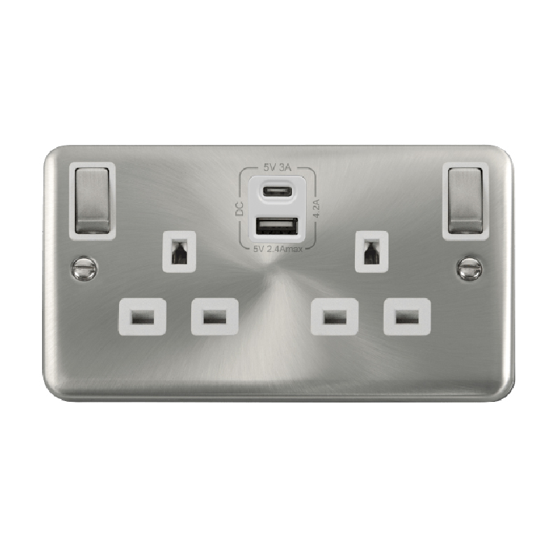 Click Deco Plus 13A Ingot 2G Switched Socket Outlet With Type A & C USB 4.2A Outlets Satin Chrome White Inserts